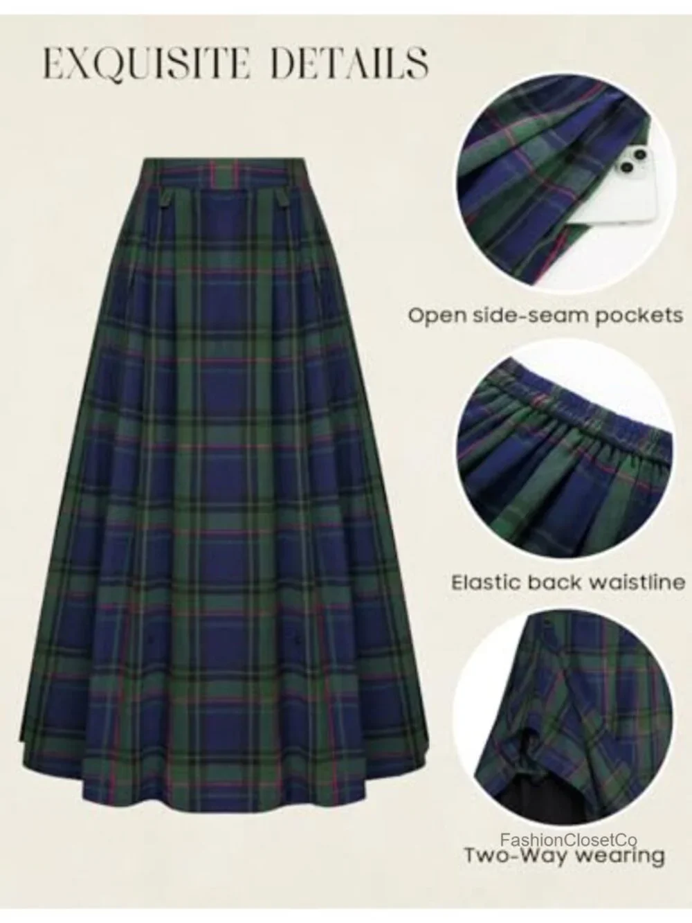 Women's High Waist Plaid Maxi Skirt with Pockets